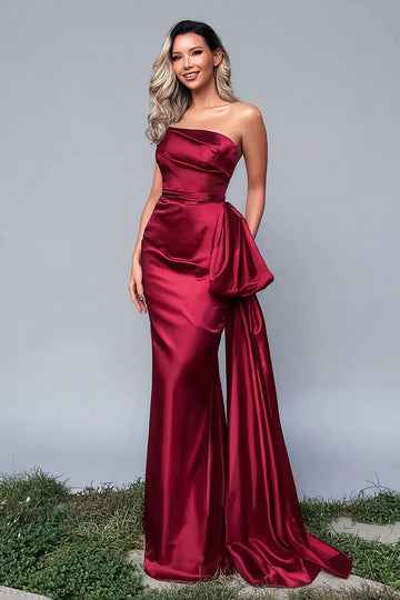 Strapless Sheath Burgundy Long Formal Dress with Sash